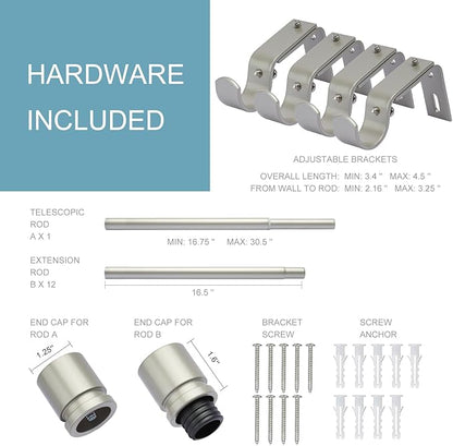 Curtain Rods for Windows 16 to 200 Inches Adjustable Length 1 Inch Diameter Window Curtain Rod with Aluminium End Cap, Brushed Nickel
