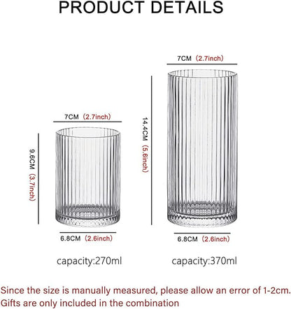 INSETLAN Glass Cups Vintage Glassware Set of 4 Large, Origami Style Transparent Cocktail Glasses Set, Bar Beverages Ice Coffee Cup Juice Ripple Drinkware, 370ml (L)