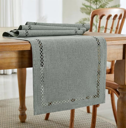 Rustic Burlap Table Runner, Machine Washable, Thick Textured Lattice Cutwork - Image 7