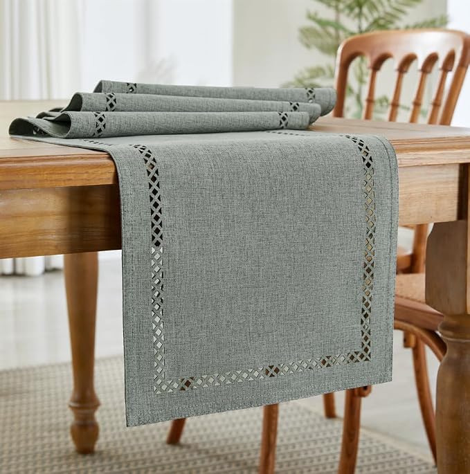 Rustic Burlap Table Runner, Machine Washable, Thick Textured Lattice Cutwork - Image 7