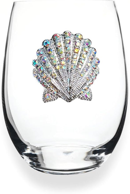 THE QUEENS' JEWELS Seashell Jeweled Stemless Wine Glass, 21 oz. - Unique Gift for Women, Birthday, Cute, Fun, Not Painted, Decorated, Bling, Bedazzled, Rhinestone