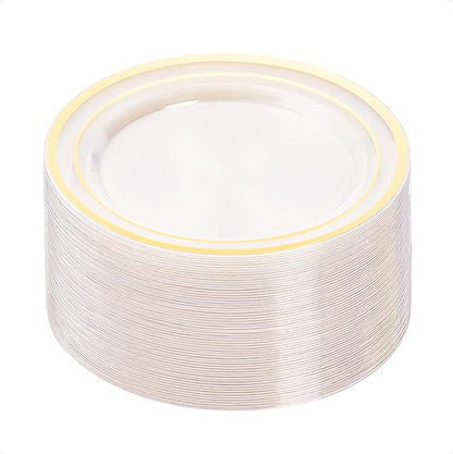 BESTVIP 50PCS Clear Gold Plastic Plates, 10.25 Inch Disposable Dinner Plate Party with Gold Rim, Heavy Duty Disposable Plastic Plates for Christmas, Thanksgiving, Party, Wedding and Birthday