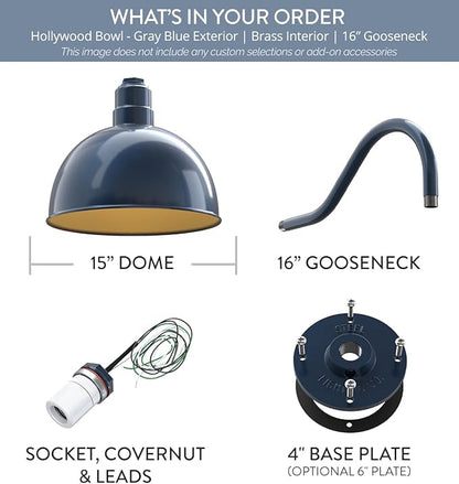 Steel Lighting Co. Hollywood Bowl Light | Outdoor Wall Mounted | 15 inch Bowl Dome | 16" Gooseneck | Barn Light Made in America | Gray Blue Exterior/Brass Interior