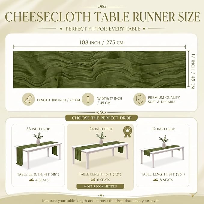 2 Pack Olive Green Cheesecloth Table Runner 17x108 Inch Boho Rustic Semi Sheer - Image 3
