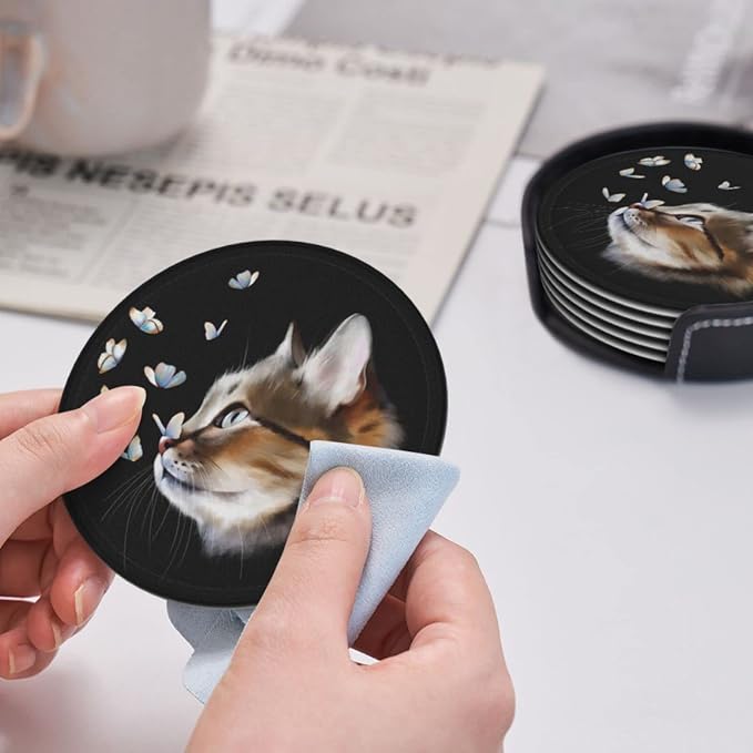 6 Pcs Portrait Cat with Butterflies Leather Coasters - Image 6