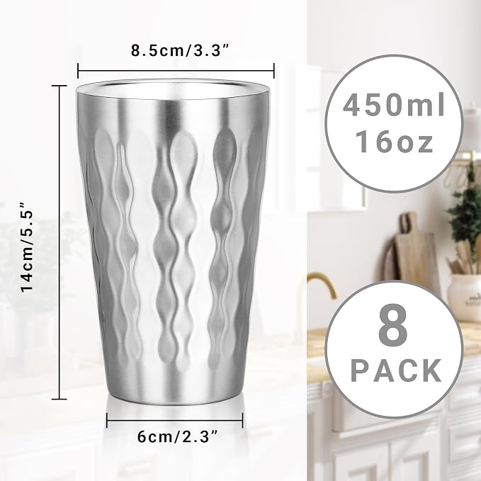 Stainless Steel Double Wall Cups, 16 oz Insulated Tumbler, 8 Pack Unbreakable - Image 2