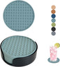 Set of 6 Silicone Coasters, 4'' Drink Coaster with Holder, Round Coasters for Drinks Beer Coffee Home Office Bar Desk Tabletop Protection, Non-Slip Rubber Coaster (Blue, 6 Pcs-Plastic Holder)