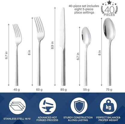 40-Piece Silverware Set for 8，Minimalist Flatware Set 18/10 Stainless Steel，Fine Cutlery Set with Forks, Knives, Spoons，Durable and Elegant Design Tableware，Dishwasher Safe