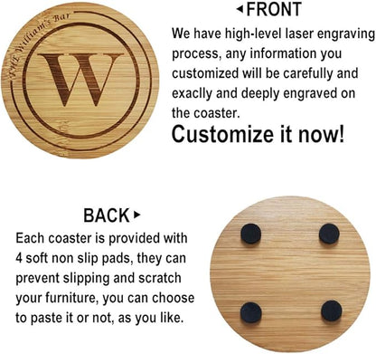 Personalized Bamboo Coasters, Custom Engraved Monogram Coasters with Holder, Great Gifts for Relatives, Friends or Yourself (Set of 6)