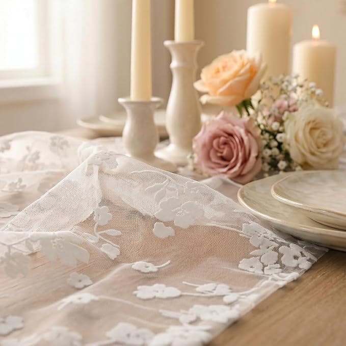 Artoid Mode White Gauze Flocking Flowers Table Runner 10FT, Seasonal Sheer - Image 6