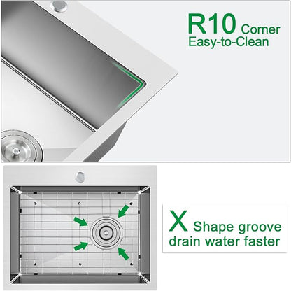 25x18 Inch Kitchen Sink, Commercial Grade 304 Steel Kitchen Sink, Centre-Offset Drain, 9" Deep Single Bowl Kitchen Sinks, Brushed(Inclued Bottom Grid & Drain Strainer)