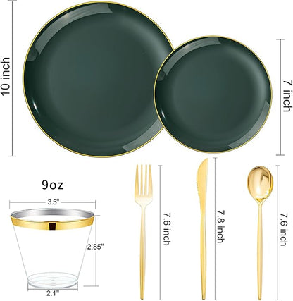 bUCLA 150PCS Green Plastic Plates - Green and Gold Disposable Include 25 Each (Dinner & Dessert) Plates, 25 Knives, 25 Forks, 25 Spoons and 25 Cups, Ideal for Party&Christmas