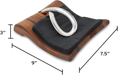nambe Breeze Napkin Holder | Tabletop Napkin Tray for Parties, Weddings, and Events | Made of Acacia Wood and Stainless Steel | Measures at 9" x 7.5" x 3" | Designed by Neil Cohen