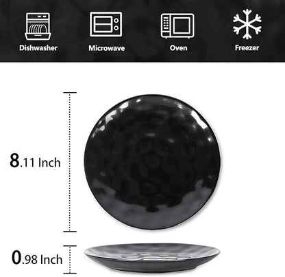 vicrays Ceramic Dessert Salad Plates, 8 Inch, Microwave, Oven, and Dishwasher Safe, Round, Porcelain Fluted Suitable for Snacks, Appetizer, Home, Party, Restaurant - Set of 6 Black