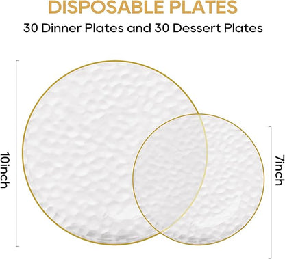 FOCUSLINE 60Pcs Clear Plastic Plates, Clear Disposable Plates with Gold Rim, 30 7" Salad Dessert Plate and 30 10" Dinner Plate Heavy-duty Hammered Plates for Party, Wedding