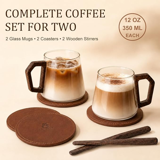 12 oz Glass Coffee Cups Set of 2, Cappuccino Cup Set - Image 3