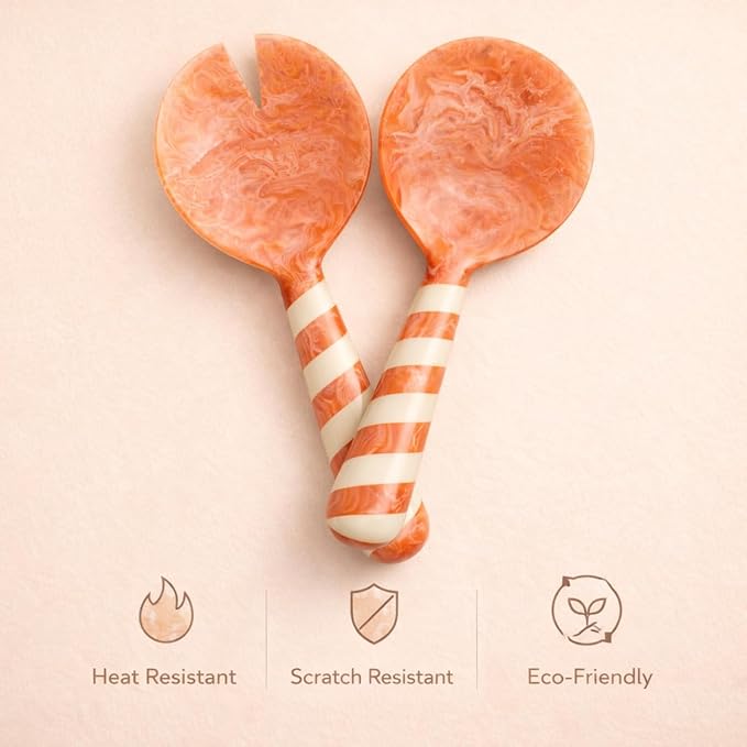 SS CRAFTS INDIA Premium 9" Peach Striped Handle Resin Salad Servers | Set of 2 - Image 5