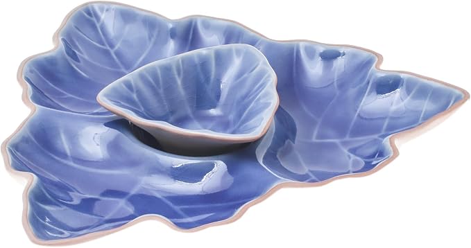 NOVICA Artisan Handmade Ceramic Appetizer Dishes Blue Leaf from Thailand Pair by Novica
