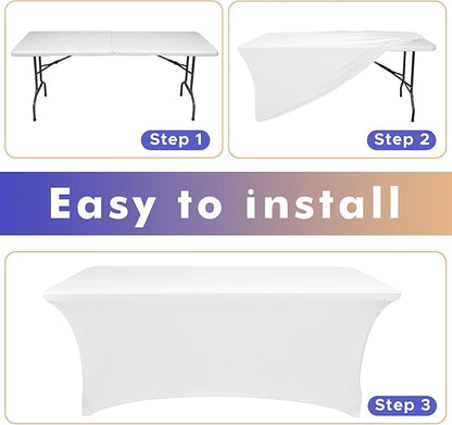 Nasitos 6 Pack White Tablecloth Rectangle for 8 Foot Tables-Open Back Fitted Stretch Spandex Table Covers, Washable Wrinkle-Free Trade Show Table Cover for Parties, Wedding, Banquet, Craft Fair