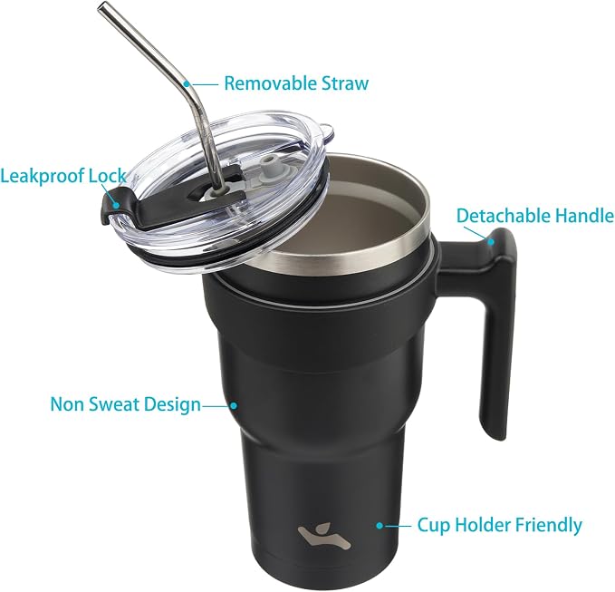 Konokyo 40 oz Tumbler with Handle and Straw, Insulated Travel Mug | Black; - Image 2