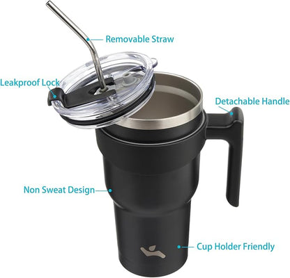 Konokyo 40 oz Tumbler with Handle and Straw, Insulated Travel Mug | Black; - Image 2