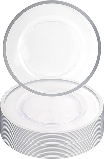 PARTY BARGAINS 13-Inch Charger Plates - 16 Pack, Clear Silver Rim, Heavy-Duty Disposable Chargers for Elegant Dining - Ideal for Weddings and Formal Events
