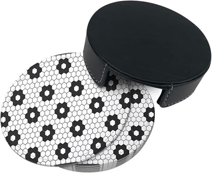 6 Pcs Black White Flower Hex Tile Print Floor Leather Coasters - Image 4