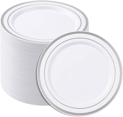 BESTSTAR 7 Inch White Plastic Plates,100PCS Disposable Dessert/Appetizer/Small Cake Plates with Silver Rim,Heavy Duty Plate Ideal for Christmas, Wedding and Birthday