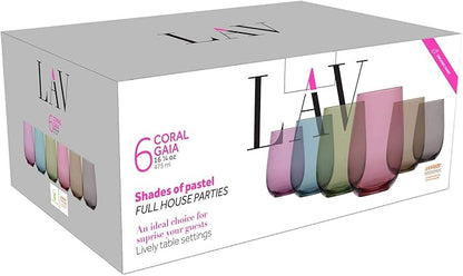 LAV Multicolor Stemless Wine Glasses Set of 6 - Drinking Cups 16 oz - Multicolor Glass Wine Tumblers - Colorful Glass Cups for Families - Drinking Glasses for Water, Juice, Beverages
