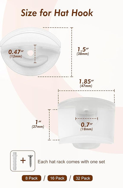 HOUSE DAY Adhesive Hat Hooks for Wall 16 Pack, Strong Hat Rack for Baseball Cap Display Organizer, Hats Hangers Holder for Wall, Door, Closet, No Drilling, Translucent