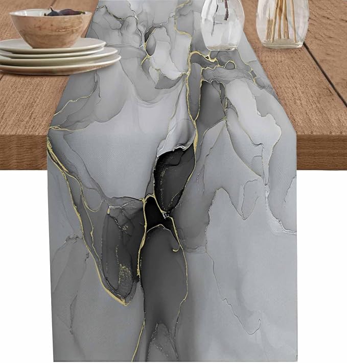Grey Marble Table Runners 90 Inches Long, Cotton Linen Fabric Table Runner by Edwiinsa