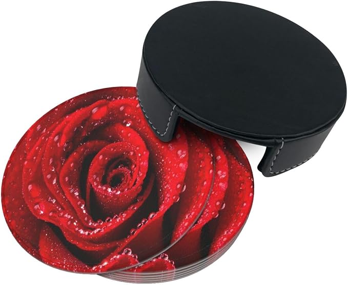 6 Pcs Red Rose Leather Coasters - Image 4