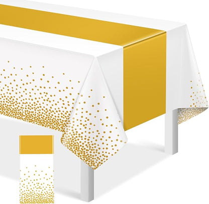 1Pcs White and Gold Tablecloth Party Decorations, Plastic White Table Cloth by MASHAN