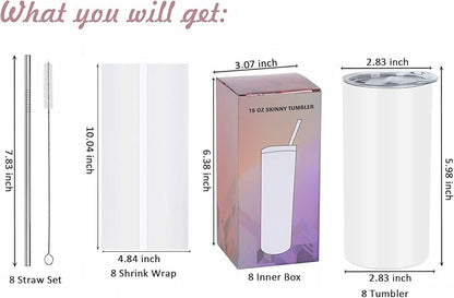 15 Oz Sublimation Tumblers Blank (8 Pack), Skinny Straight Kids Sublimation Tumblers Bulk, Individually Gift Boxed,