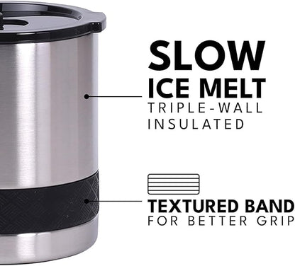 Elemental Recess Lowball Tumbler, 10oz Triple Wall Stainless Steel Cup with Non-Shattered Tritan Lid, Insulated Whiskey Glass, Insulated Coffee Tumbler Mug for Hot & Cold Drinks - Brushed Steel