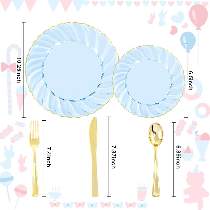 YOUBET 125PCS Clear Blue Gold Plastic Plates - Image 2
