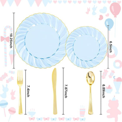 YOUBET 125PCS Clear Blue Gold Plastic Plates - Image 2