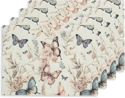 12"x18" Fairy Butterfly Pink Pale White Yellow Placemats Set of 4 Washable Thick Place Mats Kitchen Table Mats Decorative Linen Fabric Table Mat for Dining Table Kitchen Home Decor
