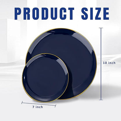 bUCLA 100PCS Blue Plastic Plates - Navy Blue Disposable with Gold Rim, Include 50 Each (10 inch Dinner & 7 inch Dessert) Plates, Ideal for Party and Hanukkah