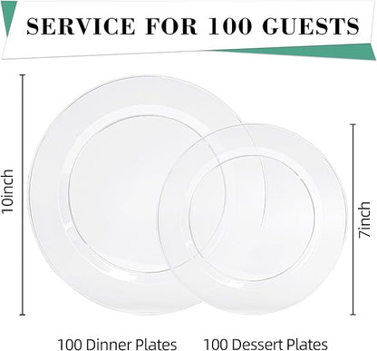200PCS Clear Plastic Plates, Heavy Duty Plastic Plate Disposable, Include 50 Dinner and 50 Dessert Plates for Party and Wedding