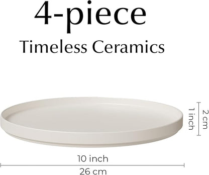MIAMIO – Ceramic Dinner Plates Set for 4 People/Ceramic Dinnerware 4-Piece, Modern Stoneware, Dishwasher & Microwave Safe – Luxe Collection (White, 10 Inch)