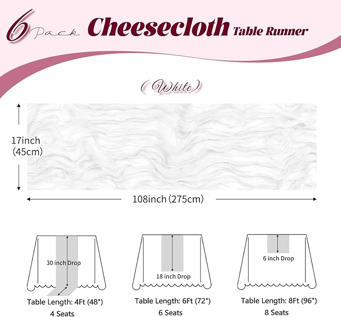 6 Pack White Cheesecloth Table Runner, 17 x 108 inch, Semi Sheer Boho Cheese - Image 3