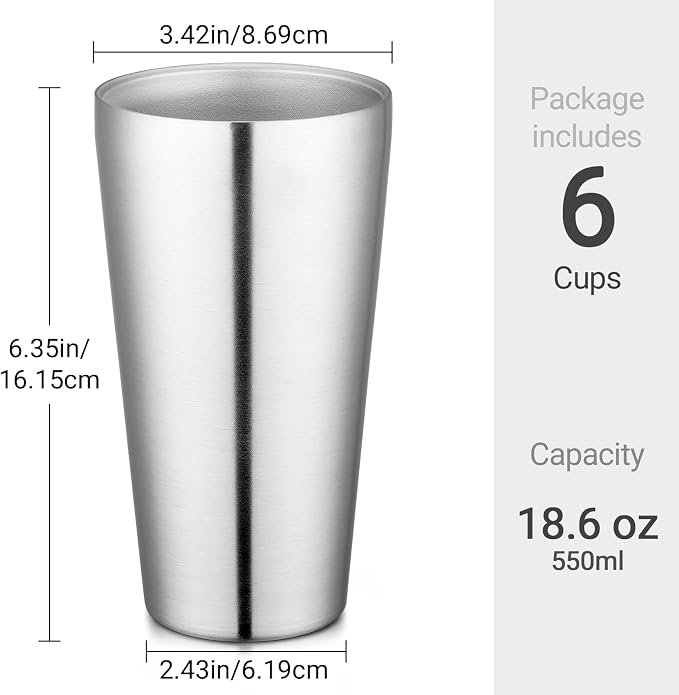 Beasea Stainless Steel Cups 19 oz, 6 Pack Large 18.6oz 550ml Stainless Steel - Image 2