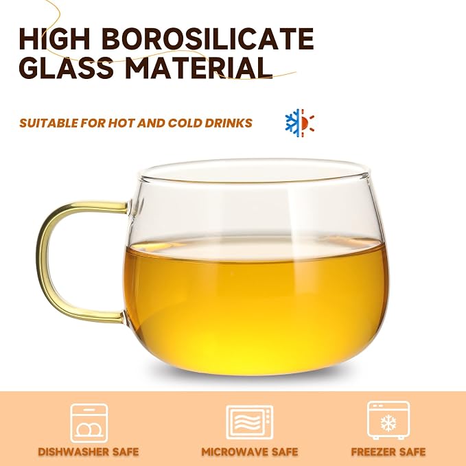Glass Tea Cups Set of 4, Dishwasher & Microwave Safe Large Coffee Mugs - Image 2