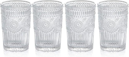 MDLUU Embossed Water Glasses, Romantic Glassware, Vintage Drinking Glasses, Glass Tumblers for Juice, Beverages, Cocktail, Capacity 12.5oz/370ml, Set of 4