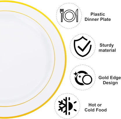 WELLIFE 72PCS Gold Plastic Plate, 10.25Inch Disposable Dinner Plate Party with Gold Rim, Heavy Duty Disposable Plastic Plates for Party, Wedding, Birthday