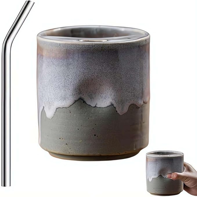 18oz Ceramic Coffee Mug with Sip Lid, Handleless Tumbler in a Vintage Kiln Style by Unknown
