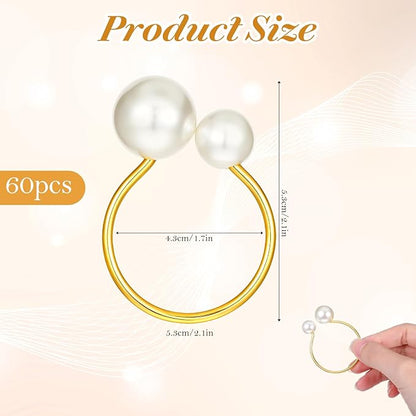 60 Pcs Gold Pearl Napkin Rings Bulk, Wedding Napkin Rings with Dual Pearls for Thanksgiving, Christmas, Party Decor, Elegant Table Setting Accessories