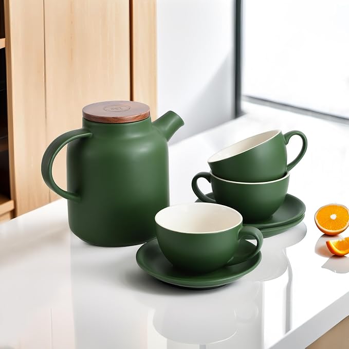 Yundu Matte Green Cappuccino Cups Set of 4-10oz Ceramic Latte Mugs - Image 5