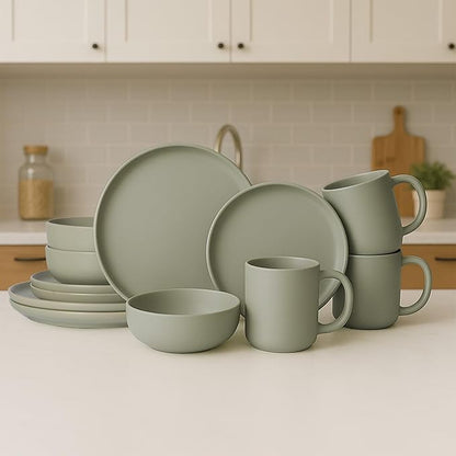 12-Piece Stoneware Dinnerware Set with Mugs | Microwave and Dishwasher Friendly | Stackable Matte Glaze Plates & Bowls | Service for 3 (Green for 3)